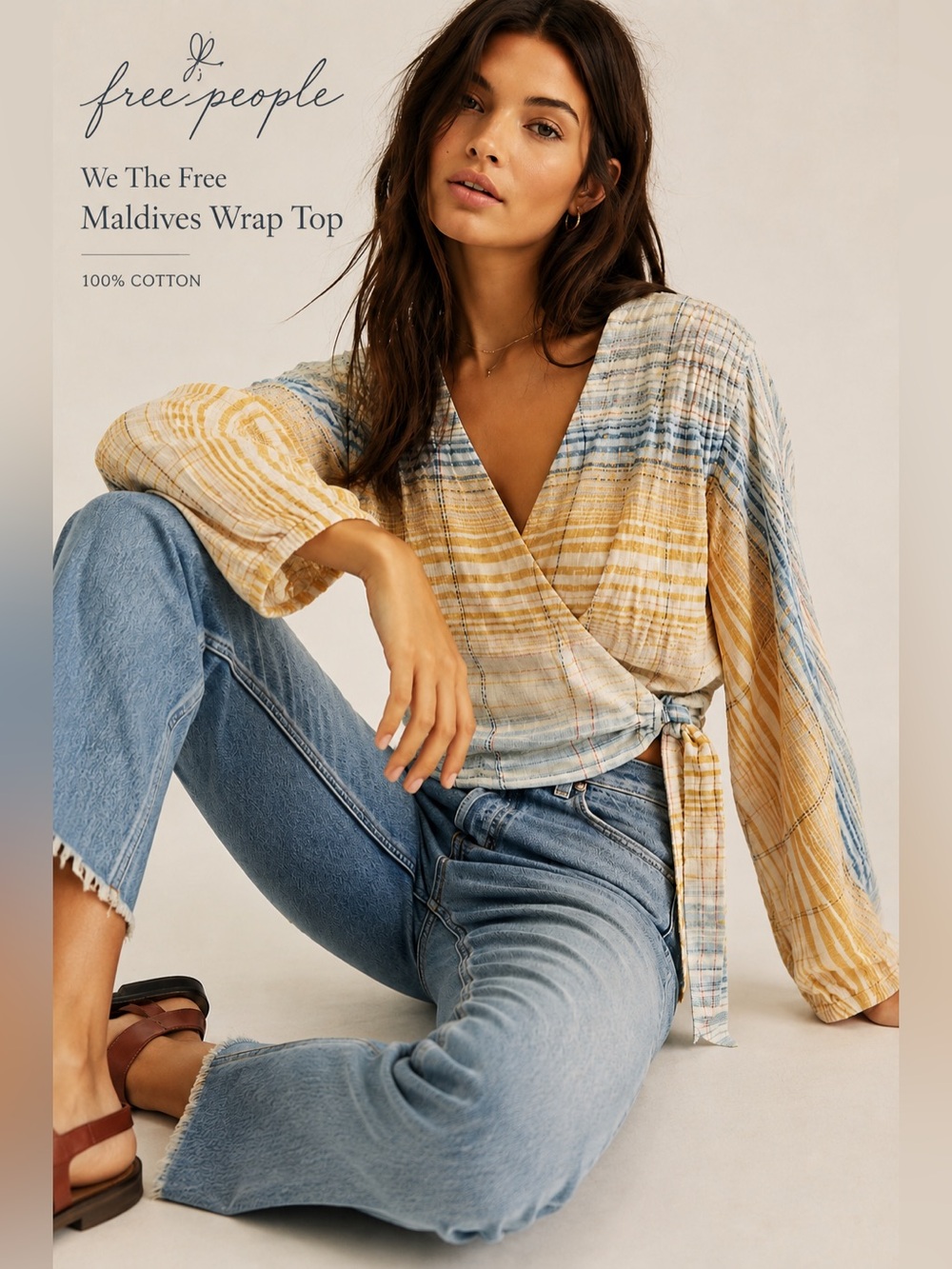 Free People We The Free Maldives Wrap Top M 100% Cotton Tie Front Boho Top A9